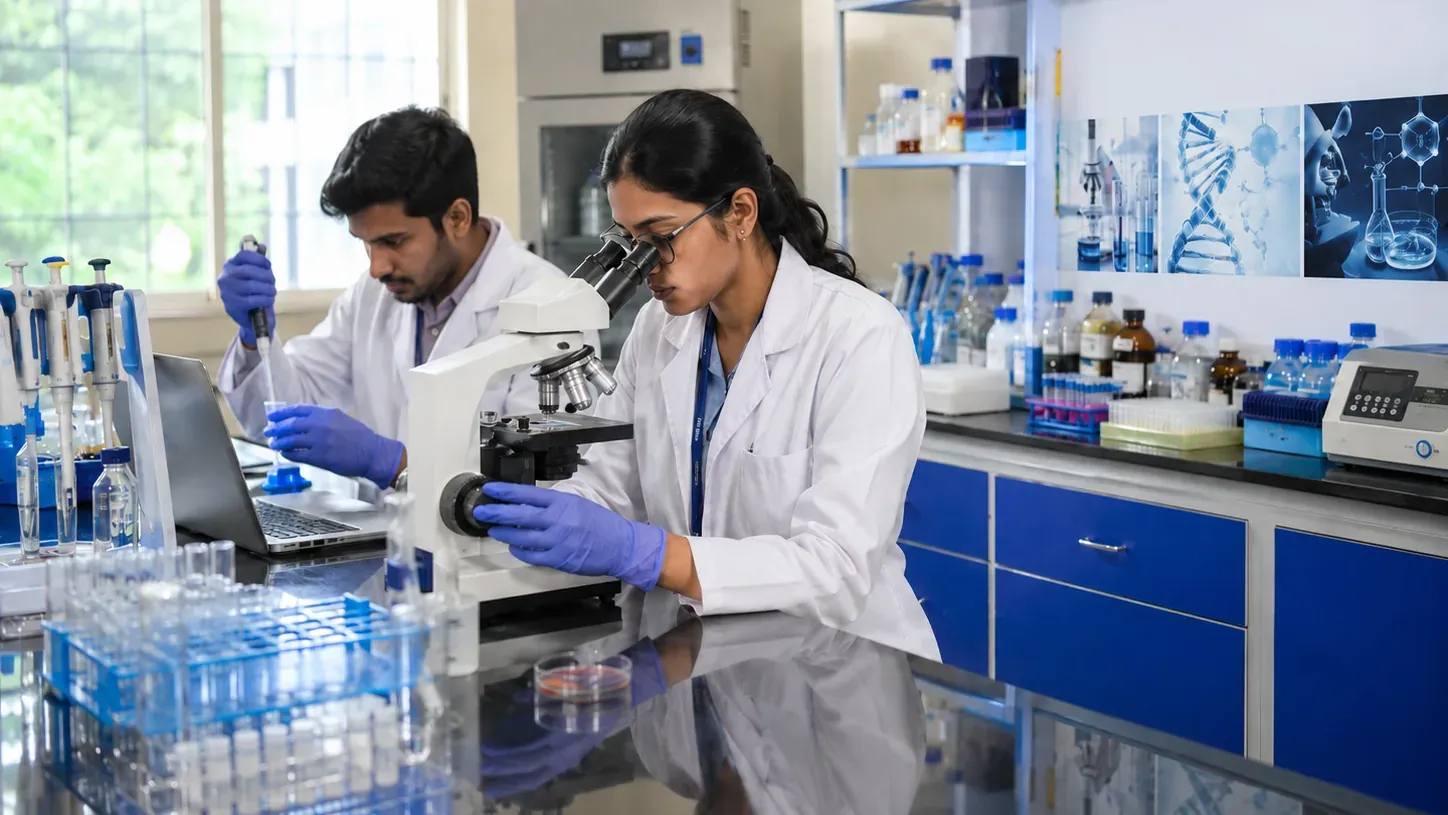 A researcher examining a sample through a microscope